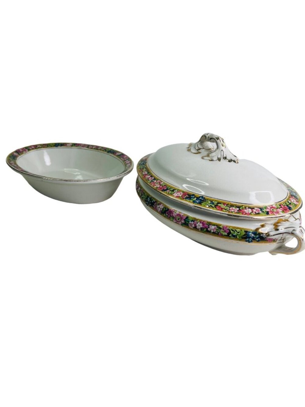 Antique Booths England Floral Lidded Soup Tureen and Matching Serving Bowl Set